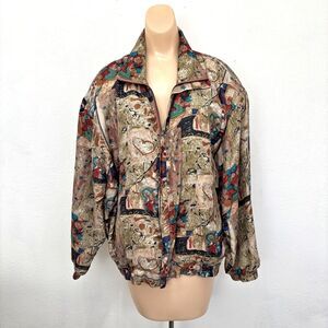 Y2K Womens Silk Bomber Jacket Medium Vintage 90s Artsy Multicolor Eclectic